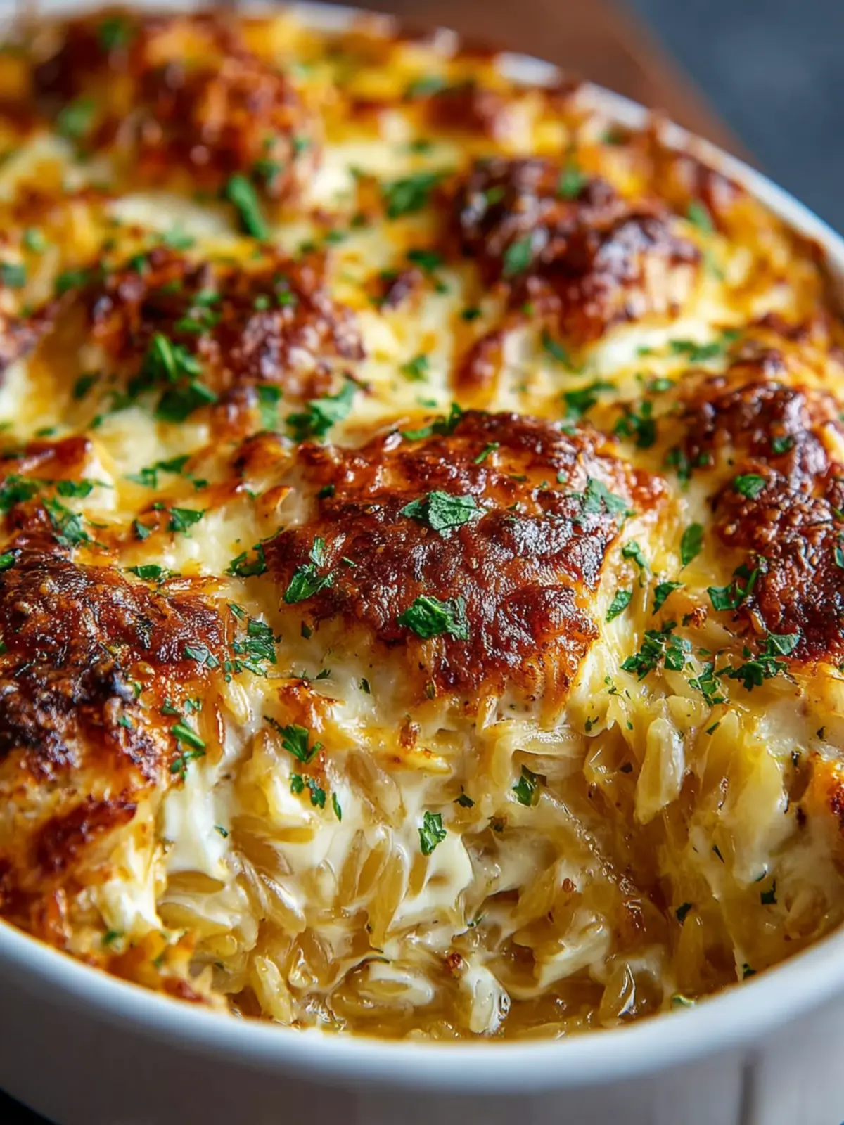 French Onion Chicken Orzo Casserole First Image